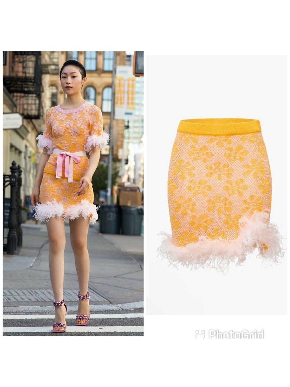 Andreeva Mini Knit Feather Trim Floral Skirt Yellow Size 6